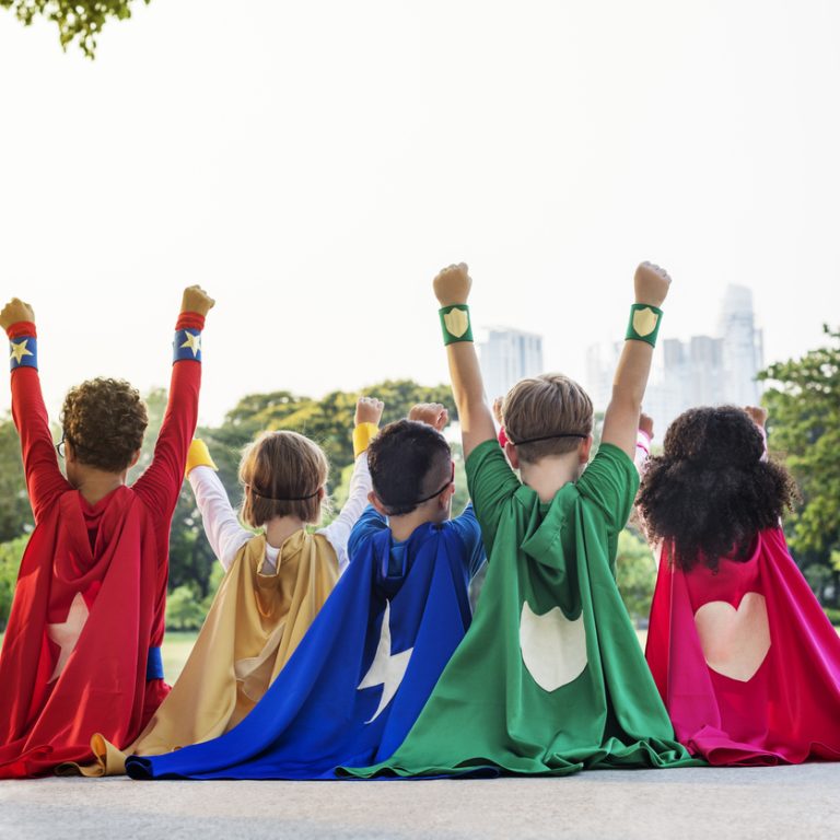 Superheroes Cheerful Kids Expressing Positivity Concept